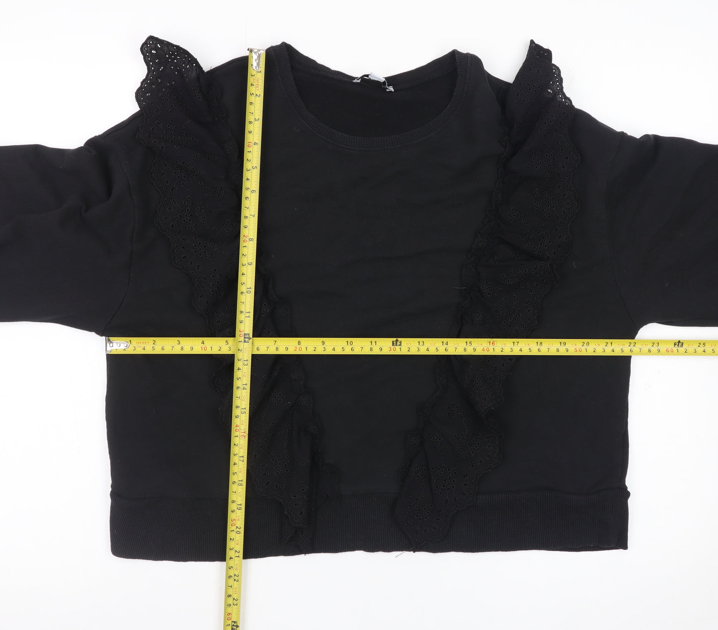 Warehouse Women Black Ruffle Long Sleeve Pullover Sweatshirt Size M