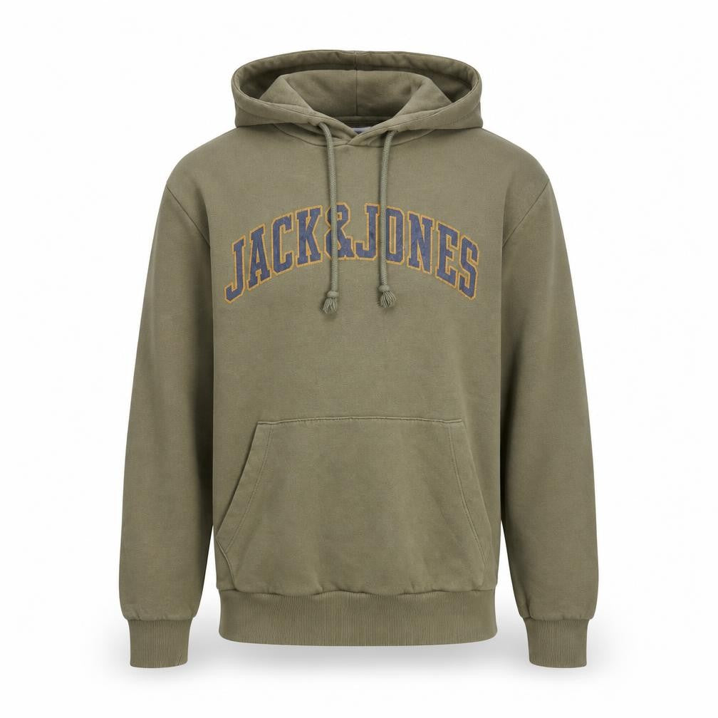 Front view of Jack & Jones Men's Green Pullover Hoodie, size M, Logo Graphic Sweatshirt