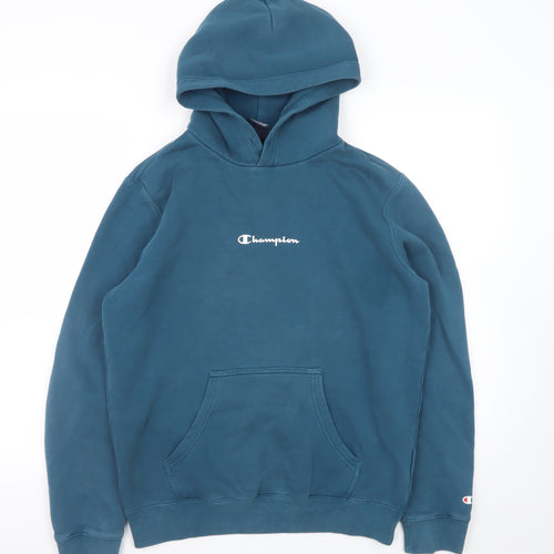 Champion Mens Blue Pullover Hoodie Medium Logo Embroidered Fleece