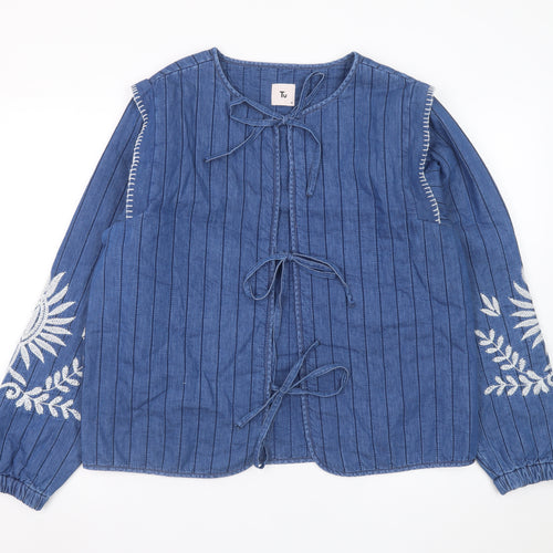 Tu Women's Blue Embroidered Bohemian Cotton Tie Blouse Medium