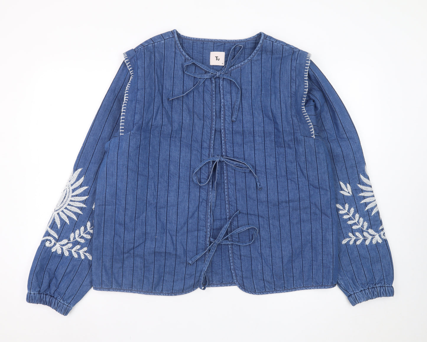 Tu Women's Blue Embroidered Bohemian Cotton Tie Blouse Medium