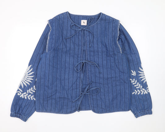 Tu Women's Blue Embroidered Bohemian Cotton Tie Blouse Medium
