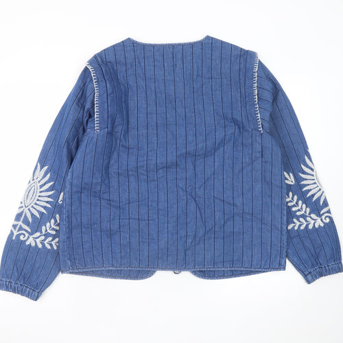 Tu Women's Blue Embroidered Bohemian Cotton Tie Blouse Medium