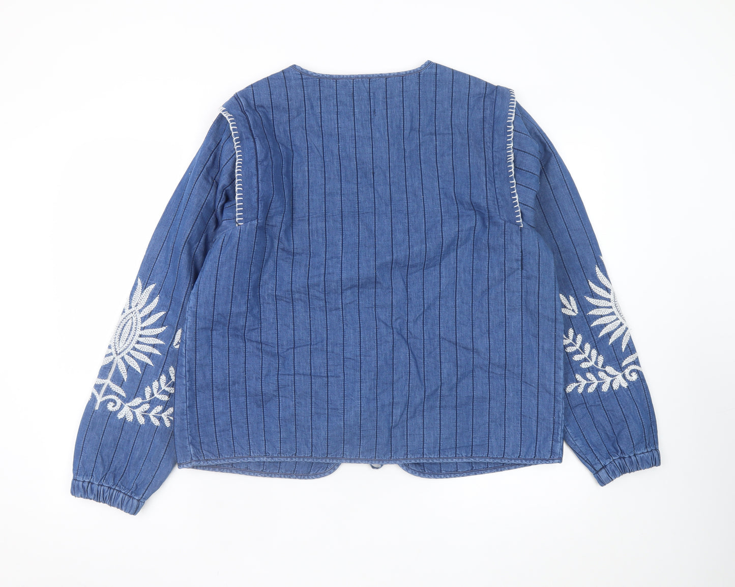 Tu Women's Blue Embroidered Bohemian Cotton Tie Blouse Medium