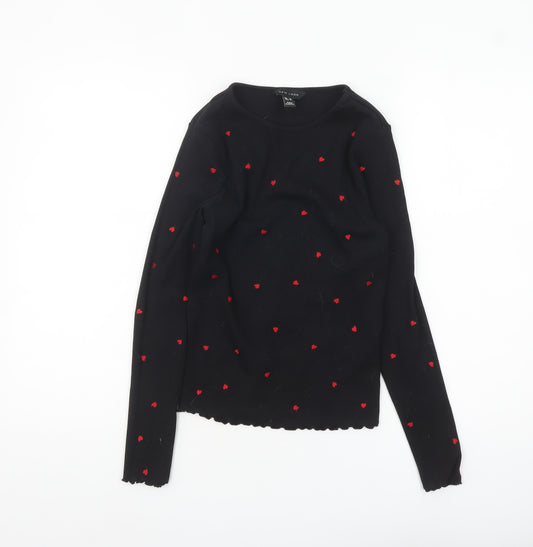 New Look Women Black Heart Embroidered Long Sleeve Jersey Top Size 10
