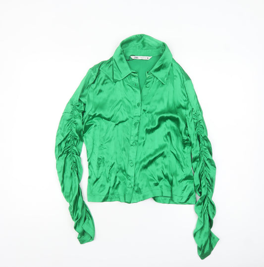 Zara Women Green Satin Collared Long Sleeve Ruched Blouse Size M