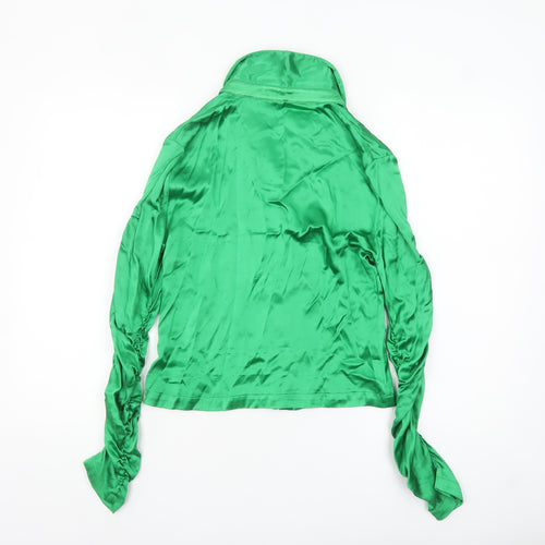 Zara Women Green Satin Collared Long Sleeve Ruched Blouse Size M