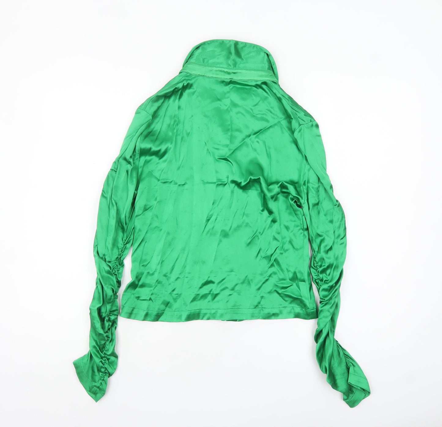 Zara Women Green Satin Collared Long Sleeve Ruched Blouse Size M