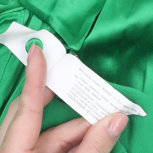 Zara Women Green Satin Collared Long Sleeve Ruched Blouse Size M