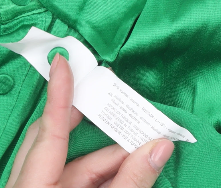 Zara Women Green Satin Collared Long Sleeve Ruched Blouse Size M