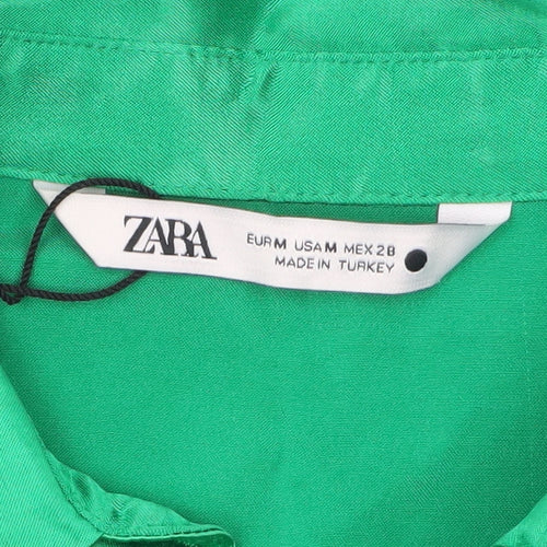 Zara Women Green Satin Collared Long Sleeve Ruched Blouse Size M