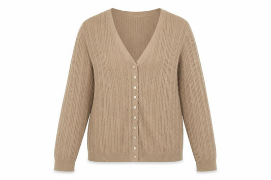 Front view of Country Casuals Women’s Beige Cable-Knit V-Neck Button Cardigan, size L