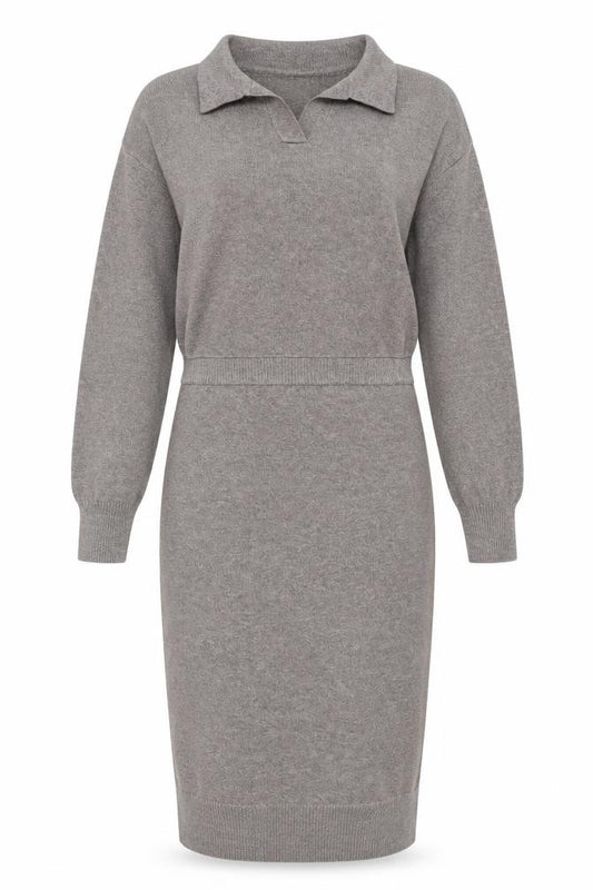 Front view of M Lounge Women Grey Midi Bodycon Knit Collared Dress M