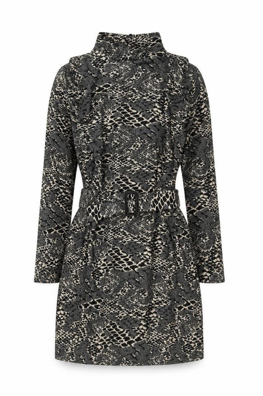 Front view of In Other Words Women’s Black Snake Print Belted Shift Dress, size UK 10
