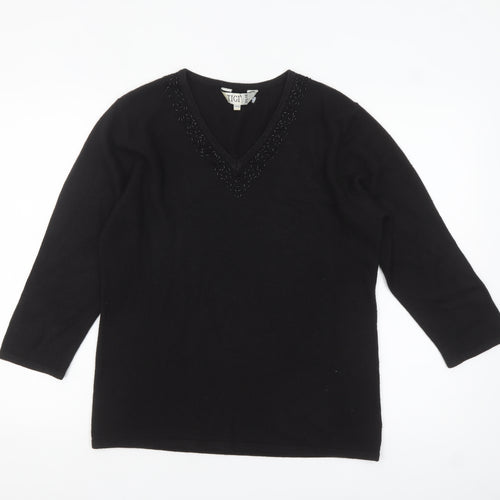 Tigi Wear Womens Black V-Neck Beaded Pullover Jumper Size 14
