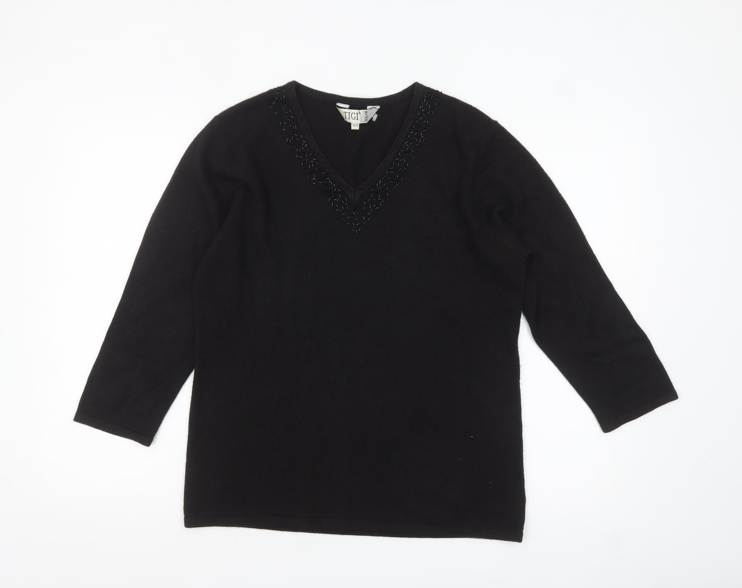Tigi Wear Womens Black V-Neck Beaded Pullover Jumper Size 14