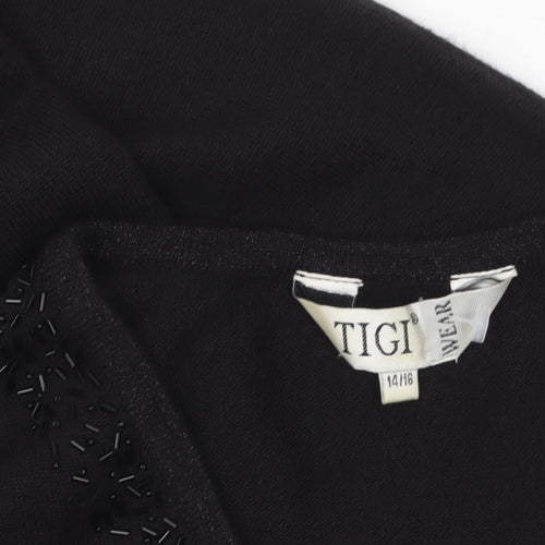 Tigi Wear Womens Black V-Neck Beaded Pullover Jumper Size 14