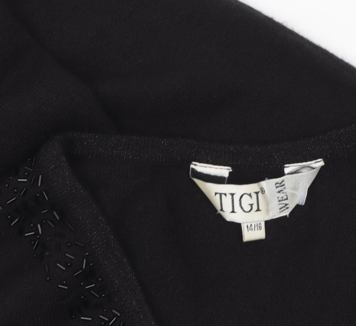 Tigi Wear Womens Black V-Neck Beaded Pullover Jumper Size 14