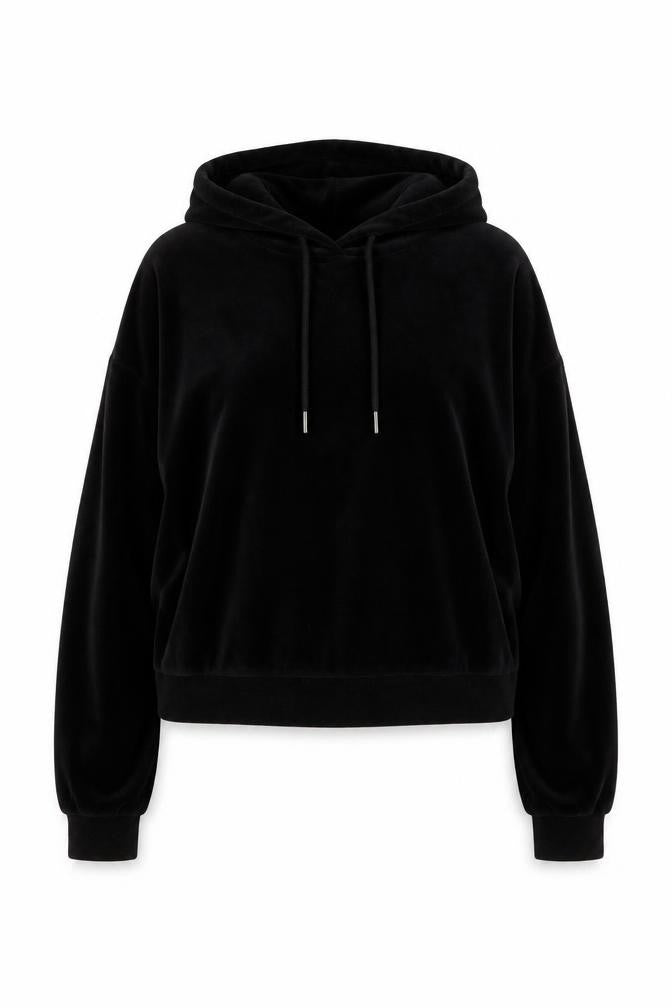 Front view of New Look women’s black velour pullover hoodie, size L, relaxed fit