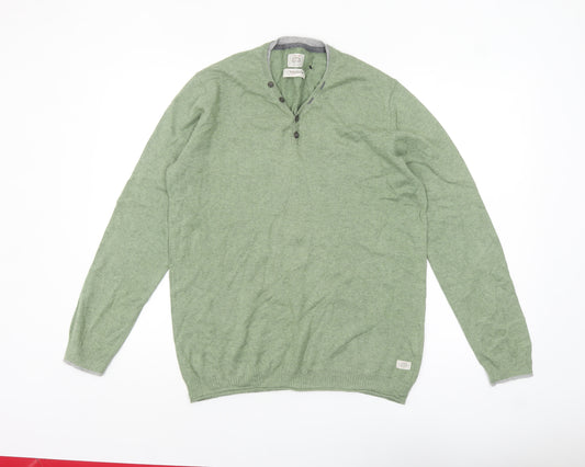 White Stuff Men Green Large Henley Jumper Cotton Cashmere Knit