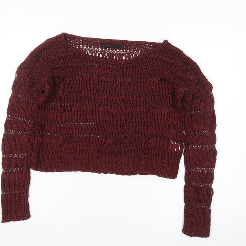 Crafted Womens Red Open-Knit Long Sleeve Pullover Jumper Size 8