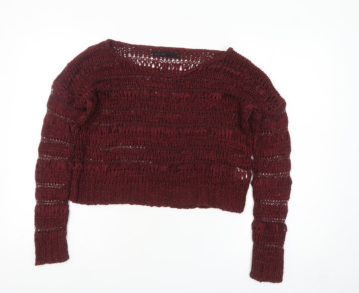Crafted Womens Red Open-Knit Long Sleeve Pullover Jumper Size 8