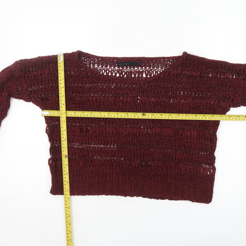 Crafted Womens Red Open-Knit Long Sleeve Pullover Jumper Size 8