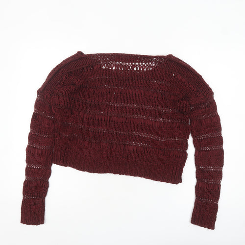 Crafted Womens Red Open-Knit Long Sleeve Pullover Jumper Size 8