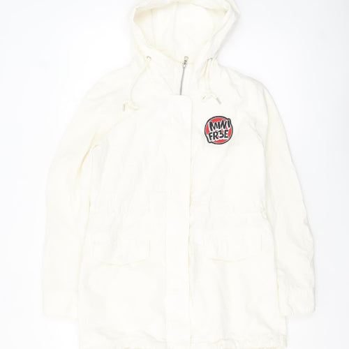 Yishion Women White Graphic Hooded Parka Jacket Size 10 Regular Fit