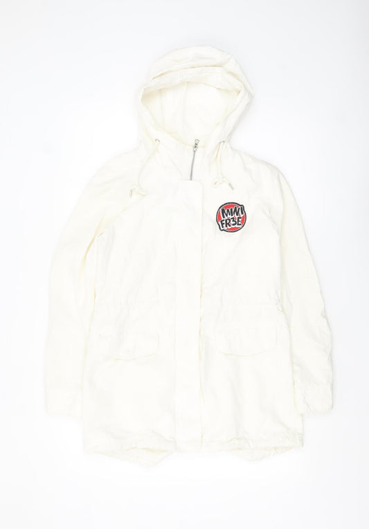 Yishion Women White Graphic Hooded Parka Jacket Size 10 Regular Fit