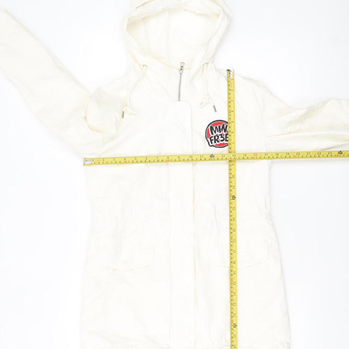 Yishion Women White Graphic Hooded Parka Jacket Size 10 Regular Fit