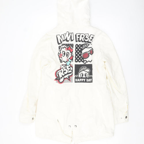 Yishion Women White Graphic Hooded Parka Jacket Size 10 Regular Fit