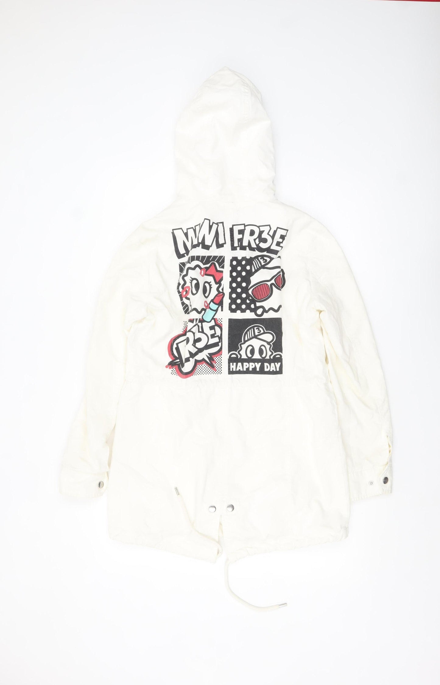 Yishion Women White Graphic Hooded Parka Jacket Size 10 Regular Fit
