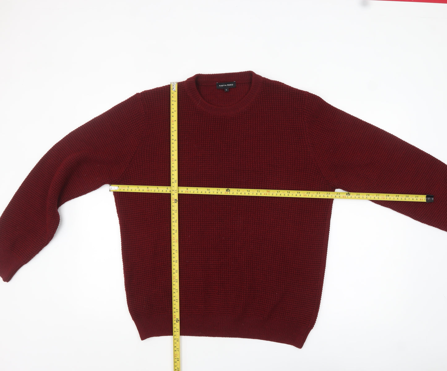 Austin Reed Men's Red Waffle Knit Merino Wool Blend Jumper L