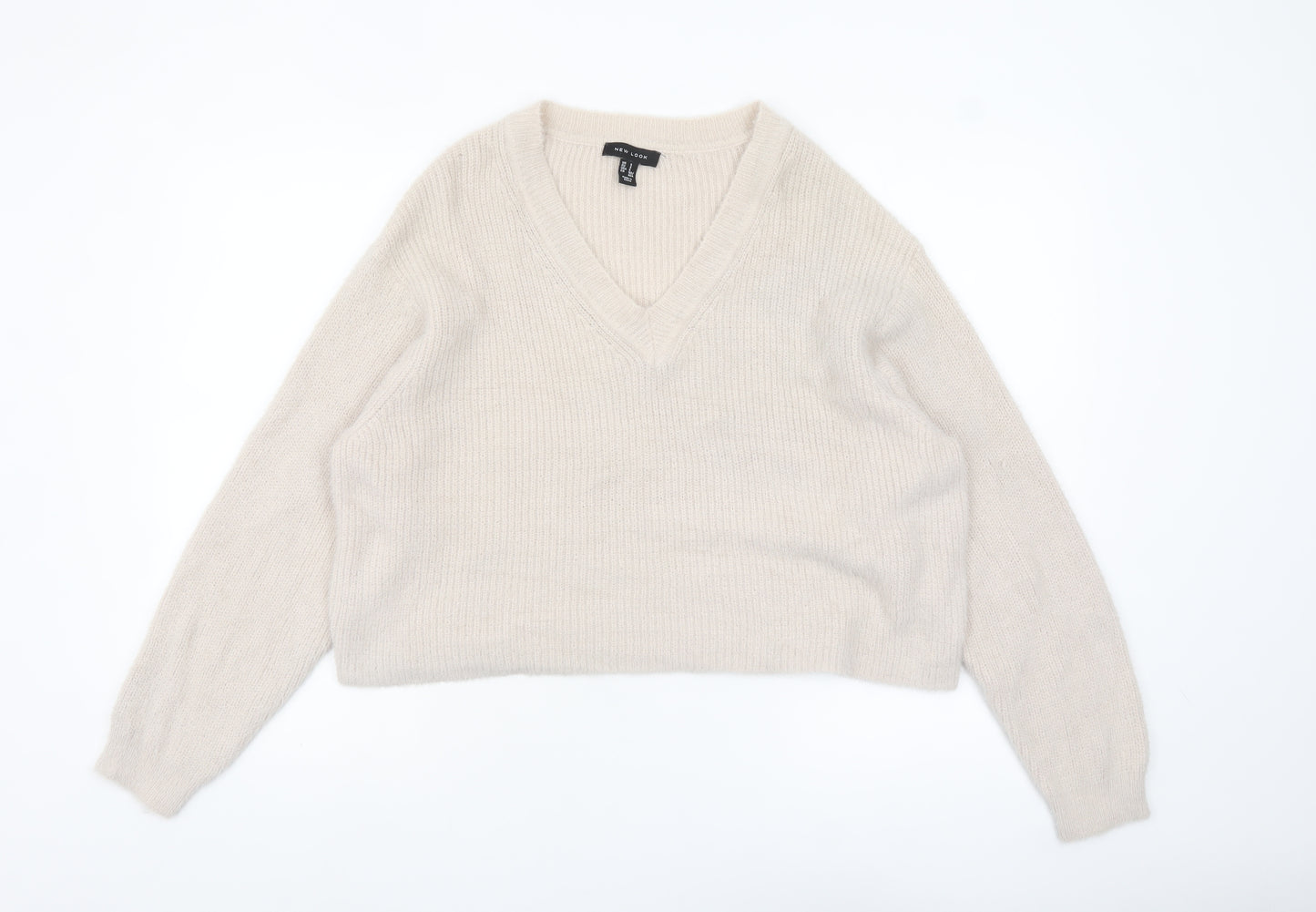 New Look Women Beige V-Neck Knit Pullover Jumper Size S