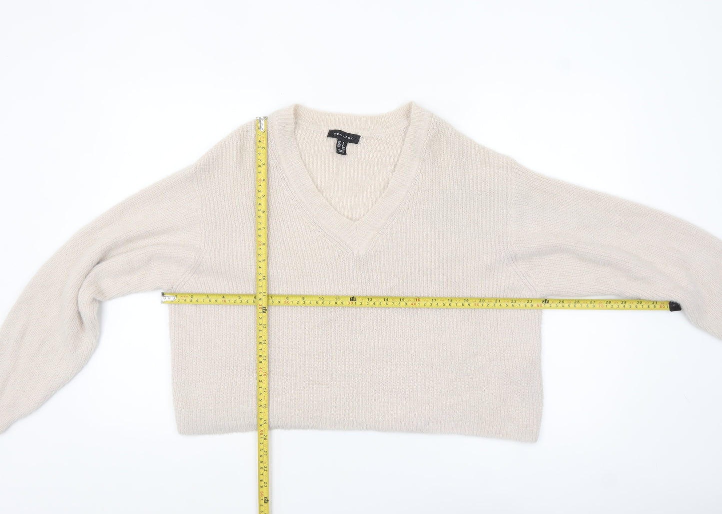 New Look Women Beige V-Neck Knit Pullover Jumper Size S