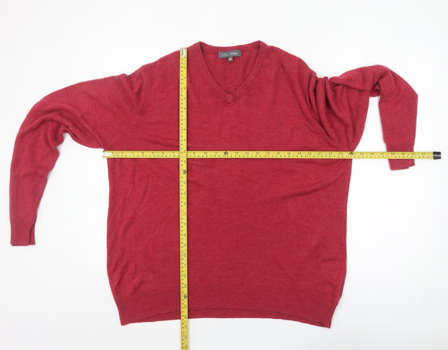Marks and Spencer Mens Red XXL V-Neck Acrylic Jumper Classic Knitwear
