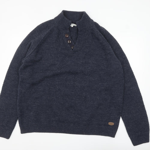EASY Men’s Blue 2XL Henley Knit Jumper Wool Blend Warm Winter Pullover