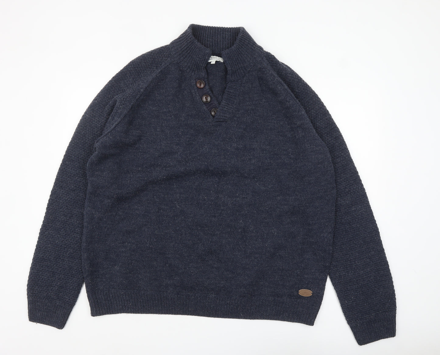 EASY Men’s Blue 2XL Henley Knit Jumper Wool Blend Warm Winter Pullover