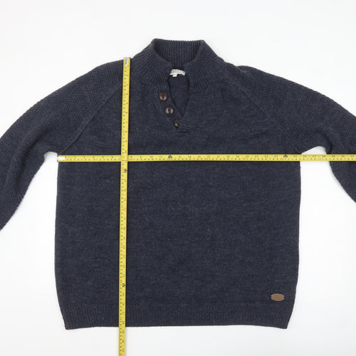 EASY Men’s Blue 2XL Henley Knit Jumper Wool Blend Warm Winter Pullover