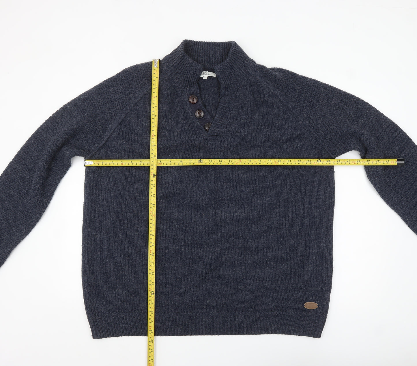 EASY Men’s Blue 2XL Henley Knit Jumper Wool Blend Warm Winter Pullover