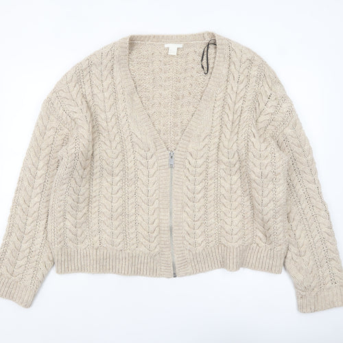 H&M Women Beige Cable-Knit Full Zip Wool Blend Cardigan Size L