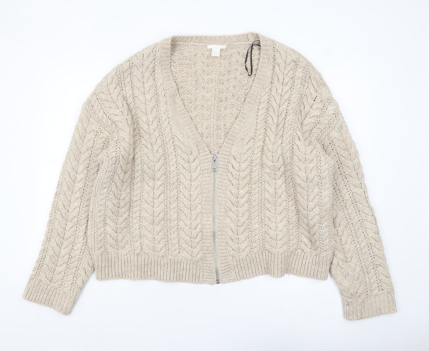 H&M Women Beige Cable-Knit Full Zip Wool Blend Cardigan Size L