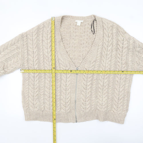 H&M Women Beige Cable-Knit Full Zip Wool Blend Cardigan Size L