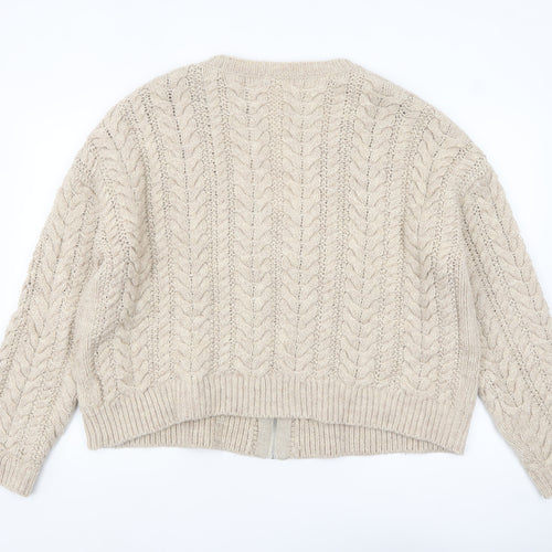 H&M Women Beige Cable-Knit Full Zip Wool Blend Cardigan Size L