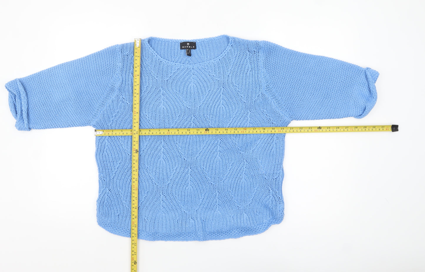 Marble Women’s Blue Knit Jumper Size 16 Crew Neck 3/4 Sleeve