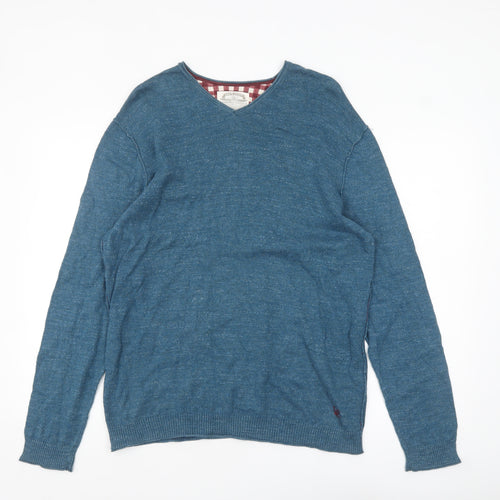 White Stuff Men's Blue V-Neck Cotton Pullover Jumper Size M
