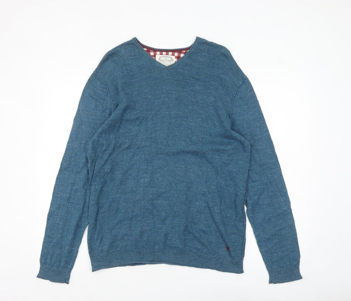 White Stuff Men's Blue V-Neck Cotton Pullover Jumper Size M