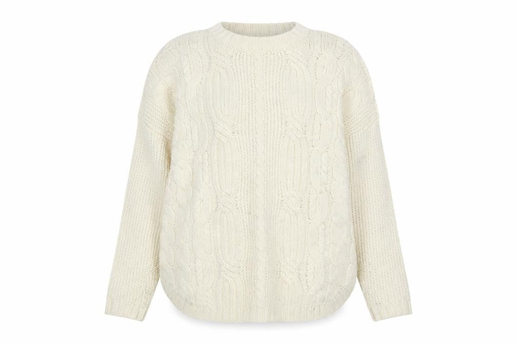 Front view of Mango Women’s Ivory Cable-Knit Jumper, size UK 10, Relaxed Fit