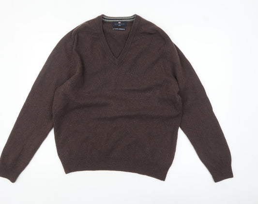 Marks and Spencer Men's Brown Wool V-Neck Jumper Medium